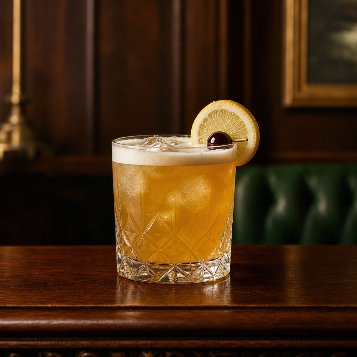 Amaretto Sour cocktail served in a rocks glass with lemon wheel and cherry