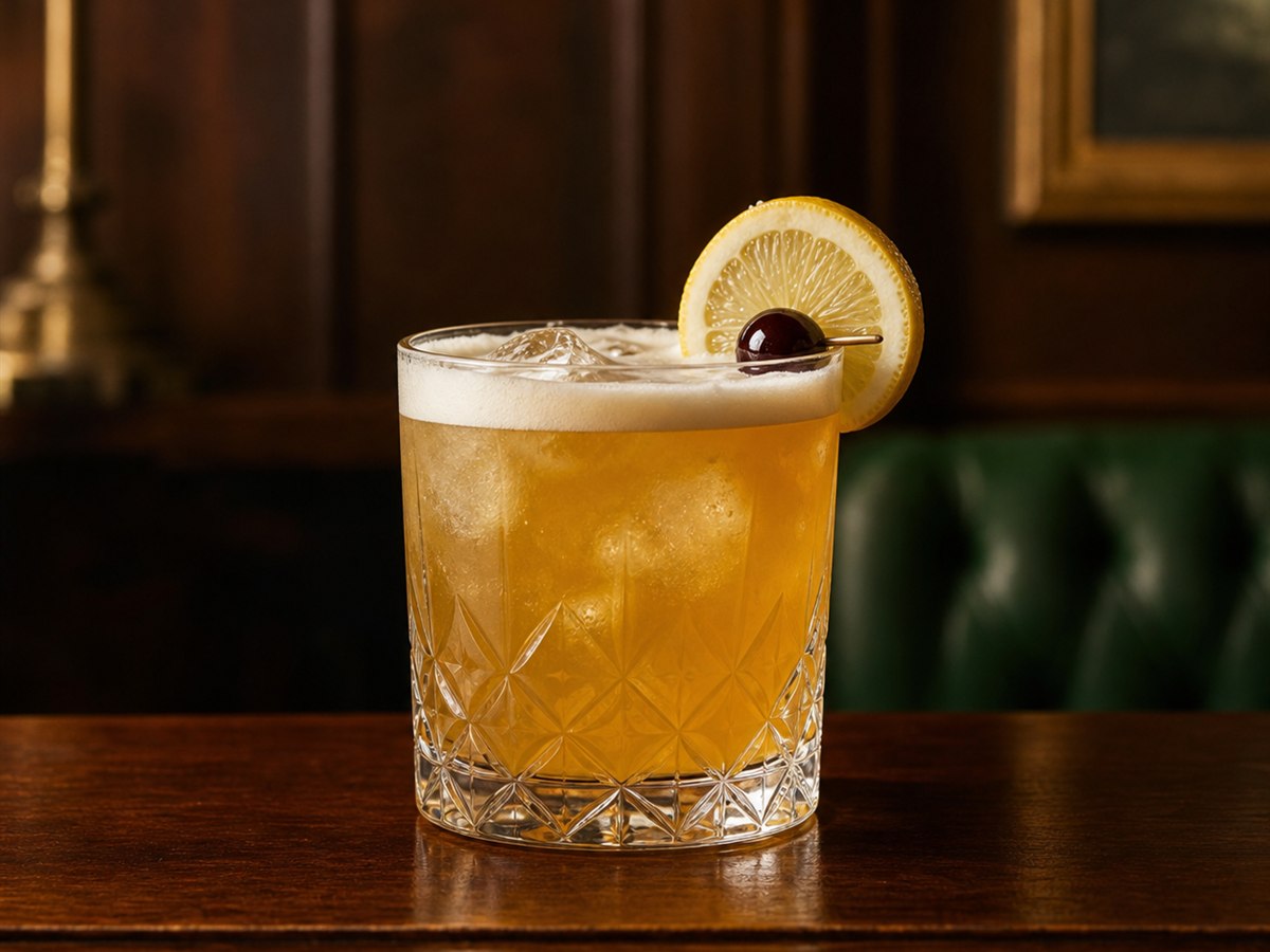 Amaretto Sour cocktail served in a rocks glass with lemon wheel and cherry