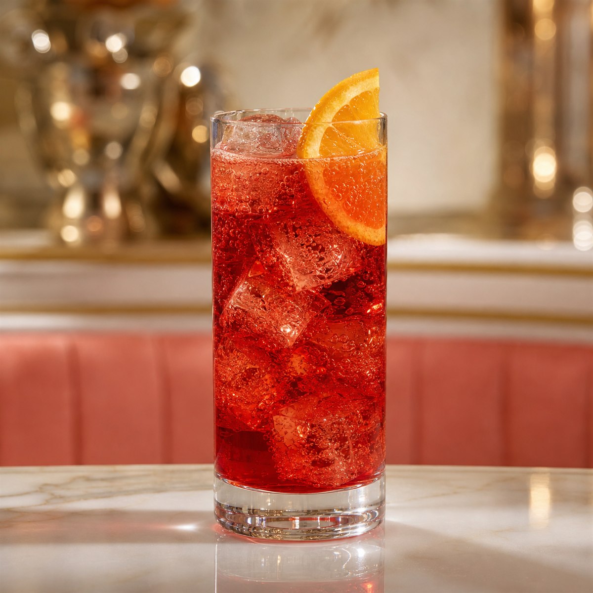 Americano cocktail served in a highball glass with orange slice