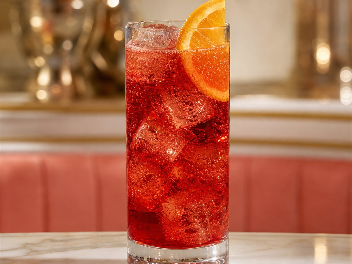 Americano cocktail served in a highball glass with orange slice