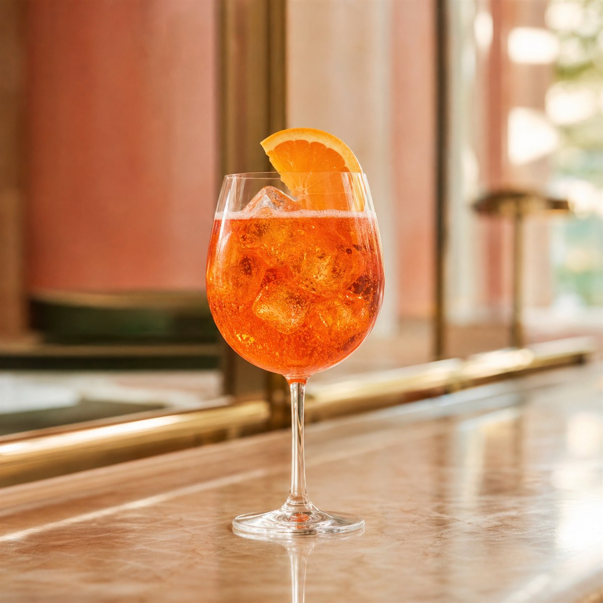 Aperol Spritz cocktail served in a wine glass with orange slice