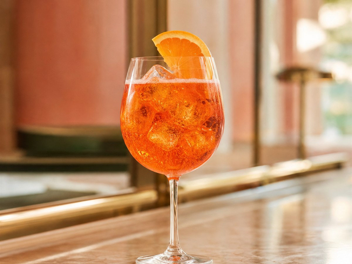 Aperol Spritz cocktail served in a wine glass with orange slice