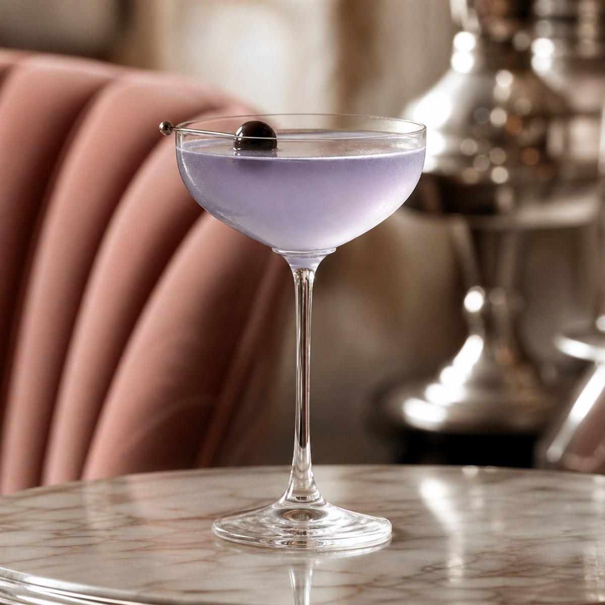 Aviation cocktail served in a chilled coupe with optional cocktail cherry