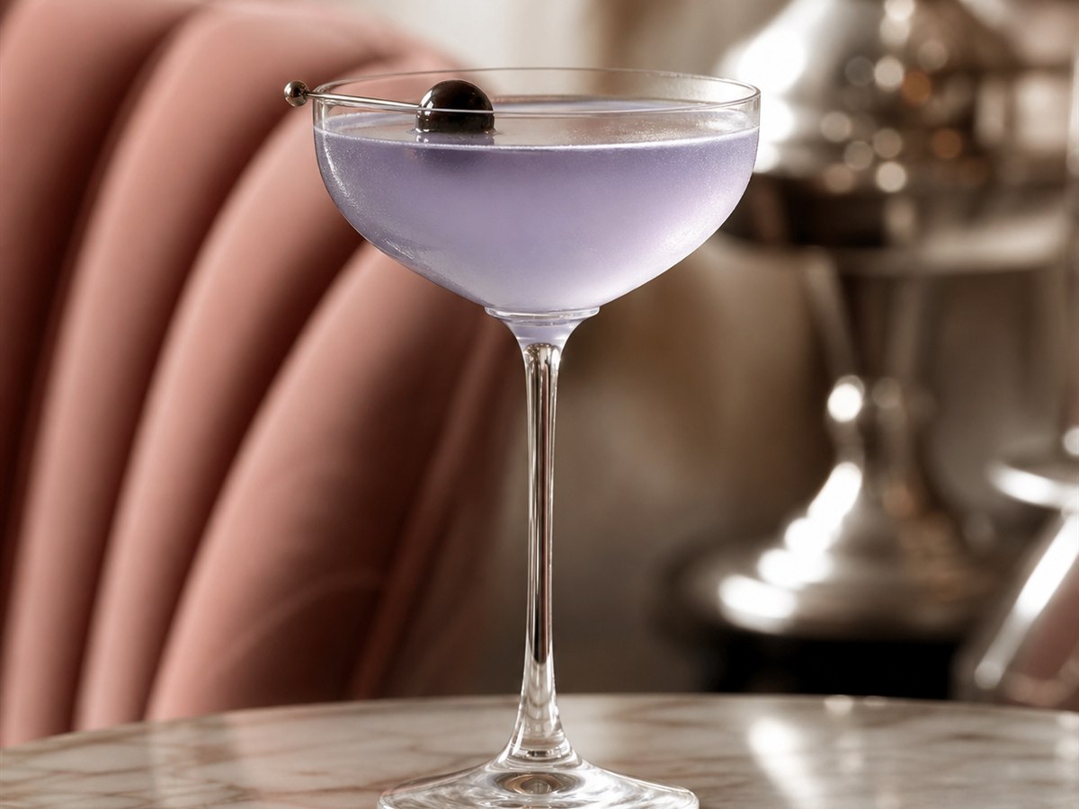 Aviation cocktail served in a chilled coupe with optional cocktail cherry