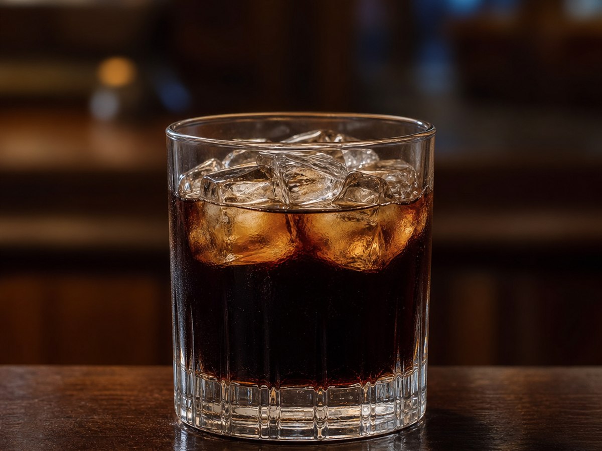 Black Russian cocktail served in a rocks glass with none