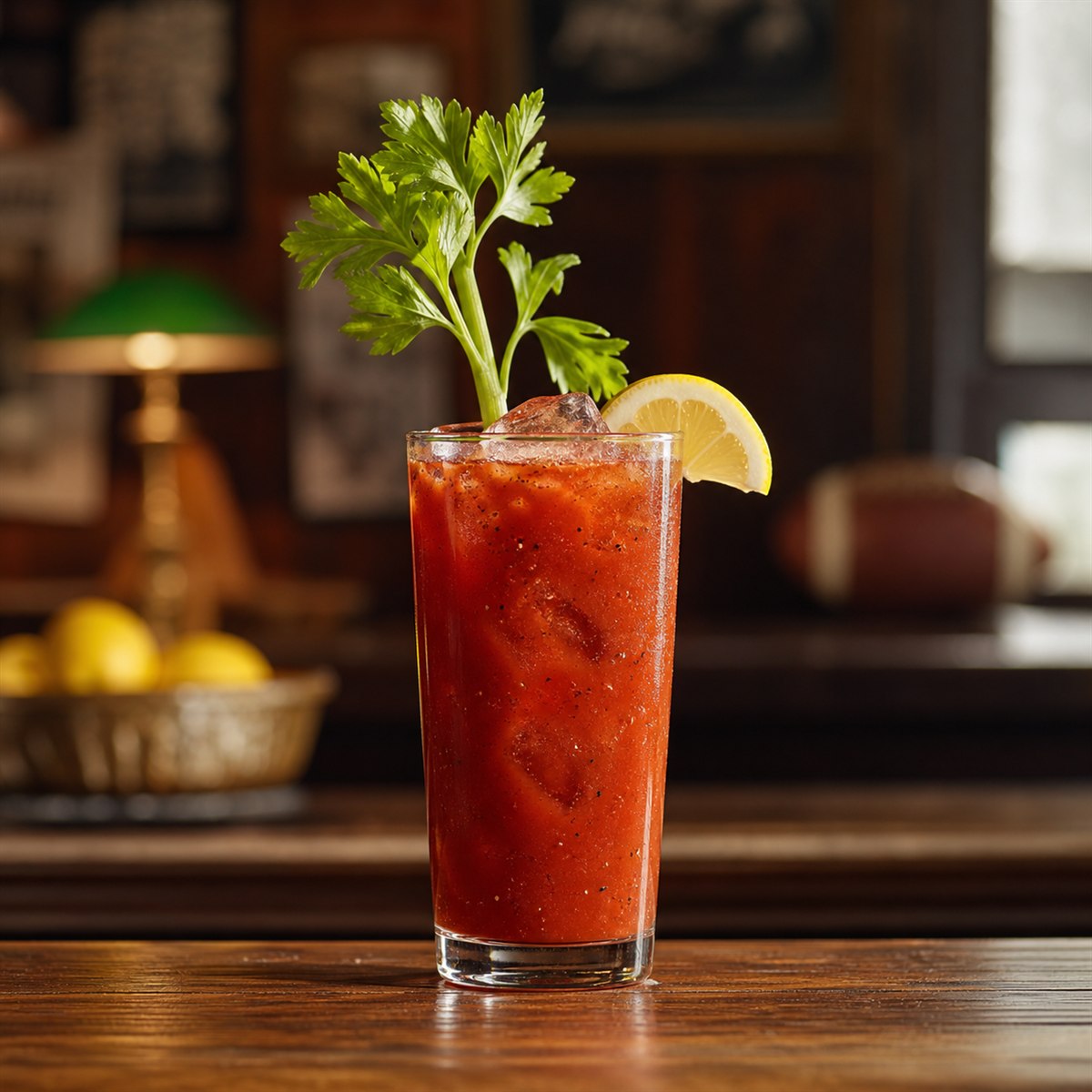 Bloody Mary cocktail served in a tall glass with celery and lemon