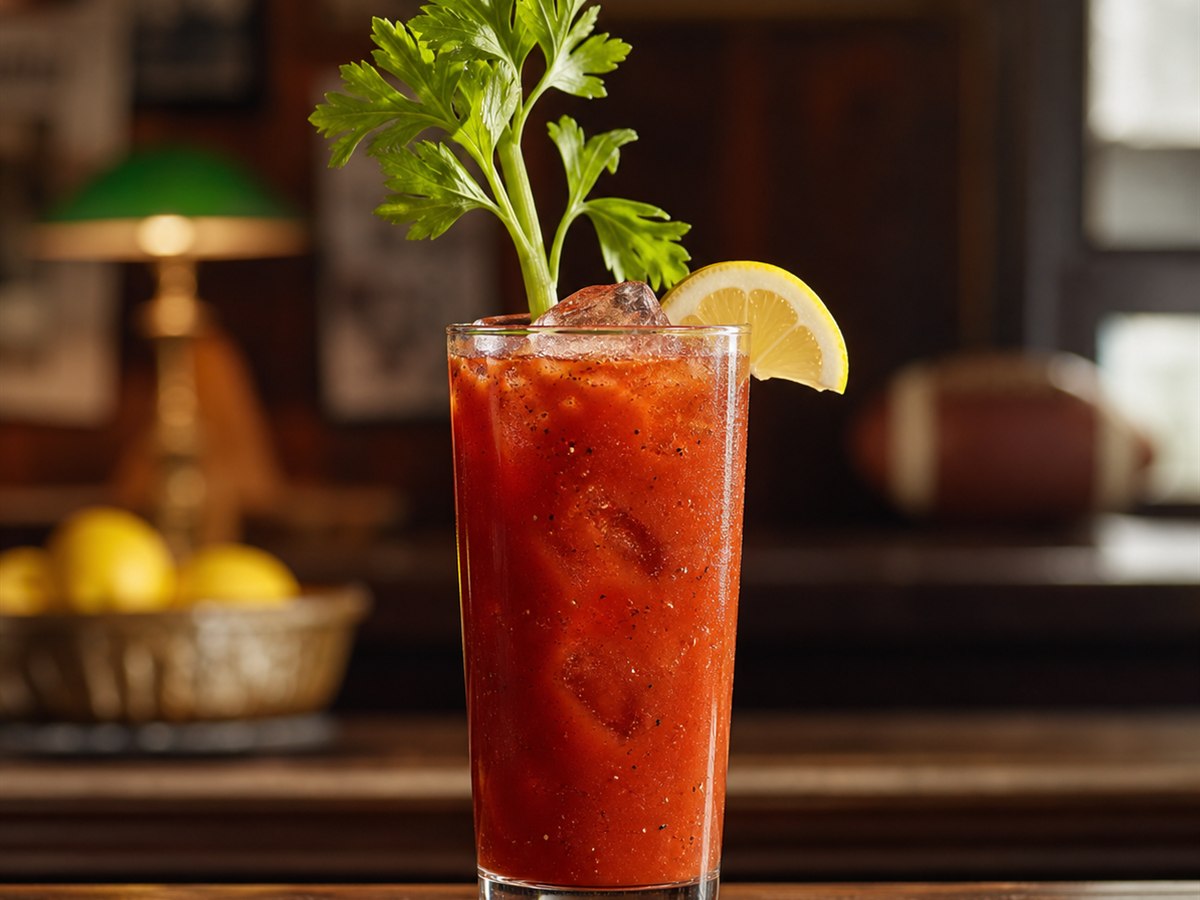 Bloody Mary cocktail served in a tall glass with celery and lemon