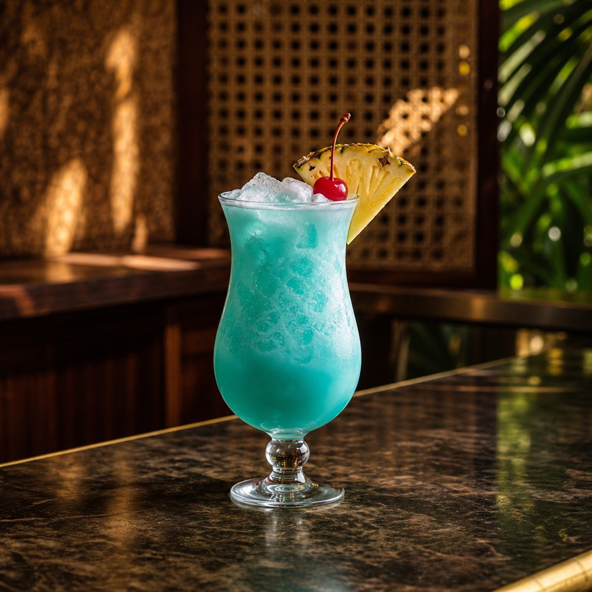 Blue Hawaiian cocktail served in a hurricane glass with pineapple wedge and cherry