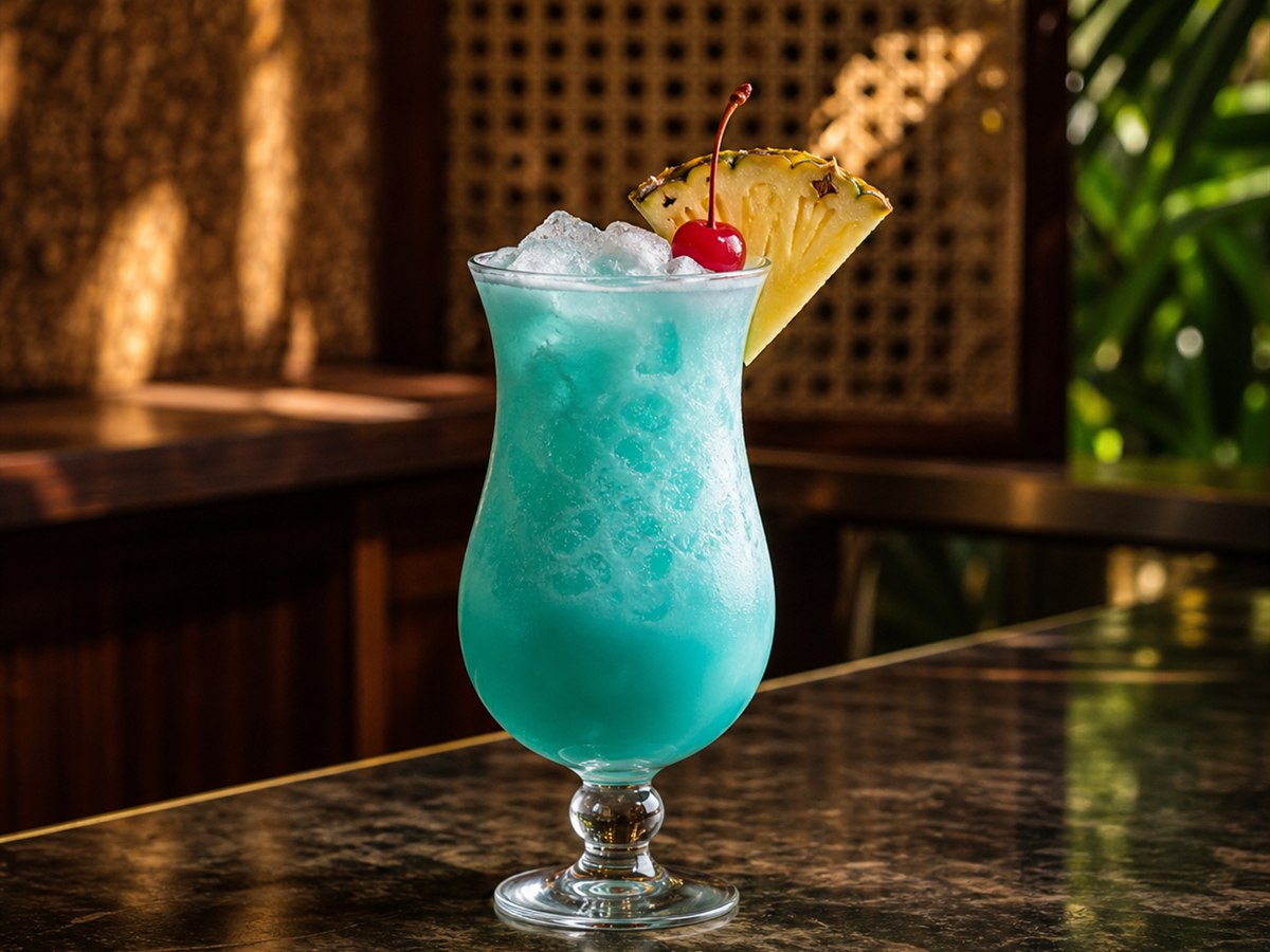 Blue Hawaiian cocktail served in a hurricane glass with pineapple wedge and cherry