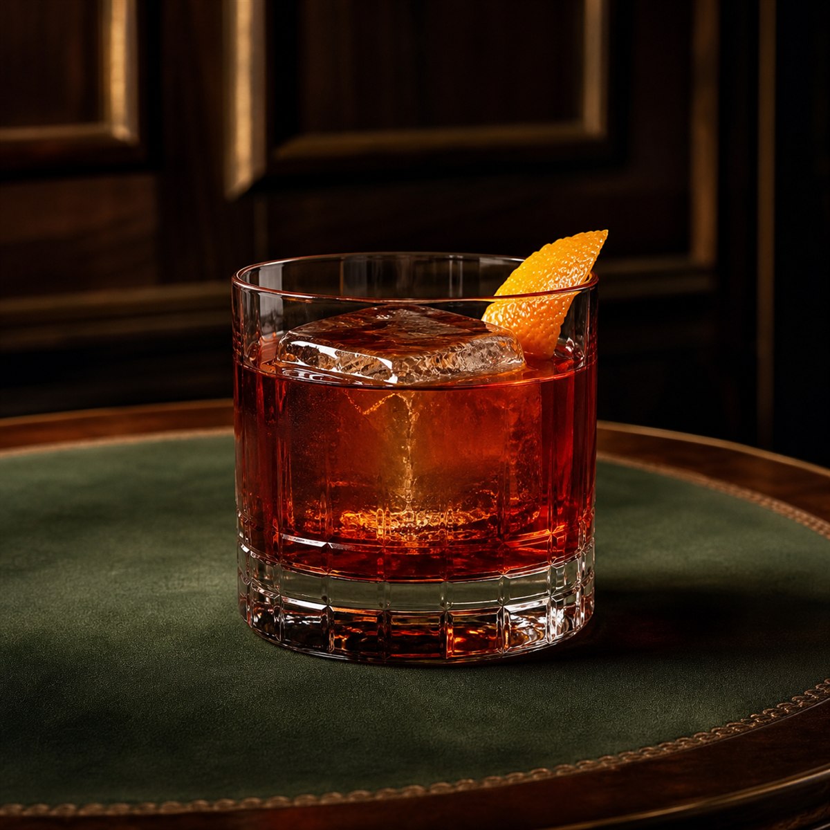 Boulevardier cocktail served in a rocks glass with orange peel