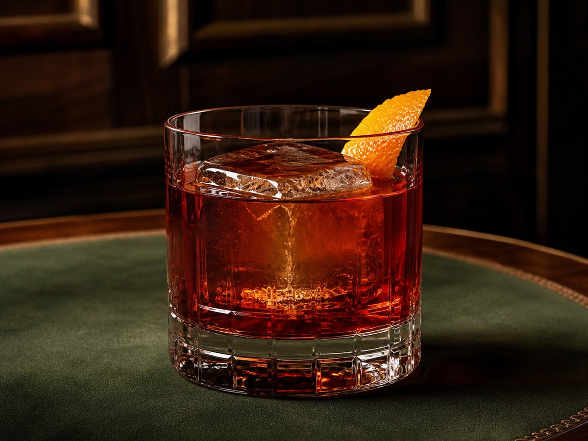 Boulevardier cocktail served in a rocks glass with orange peel