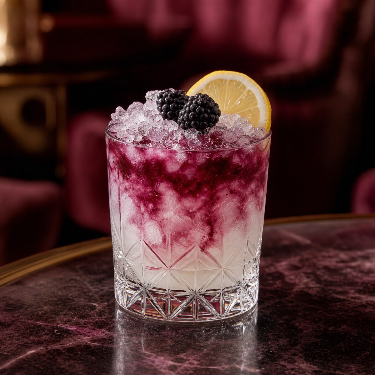 Bramble cocktail served in a rocks glass with blackberry and lemon