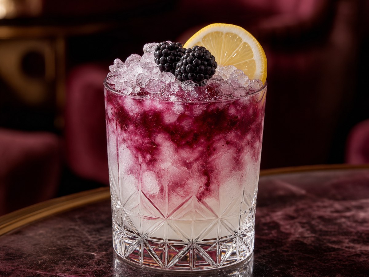 Bramble cocktail served in a rocks glass with blackberry and lemon
