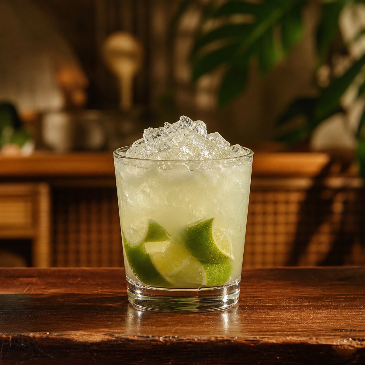 Caipirinha cocktail served in a rocks glass with lime wedges