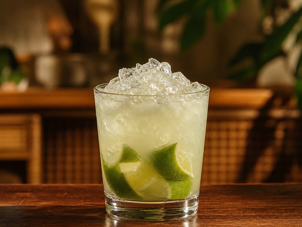 Caipirinha cocktail served in a rocks glass with lime wedges