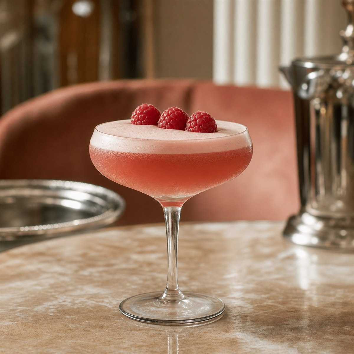 Clover Club cocktail served in a chilled coupe with raspberries or lemon twist
