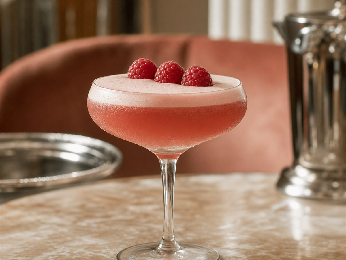 Clover Club cocktail served in a chilled coupe with raspberries or lemon twist