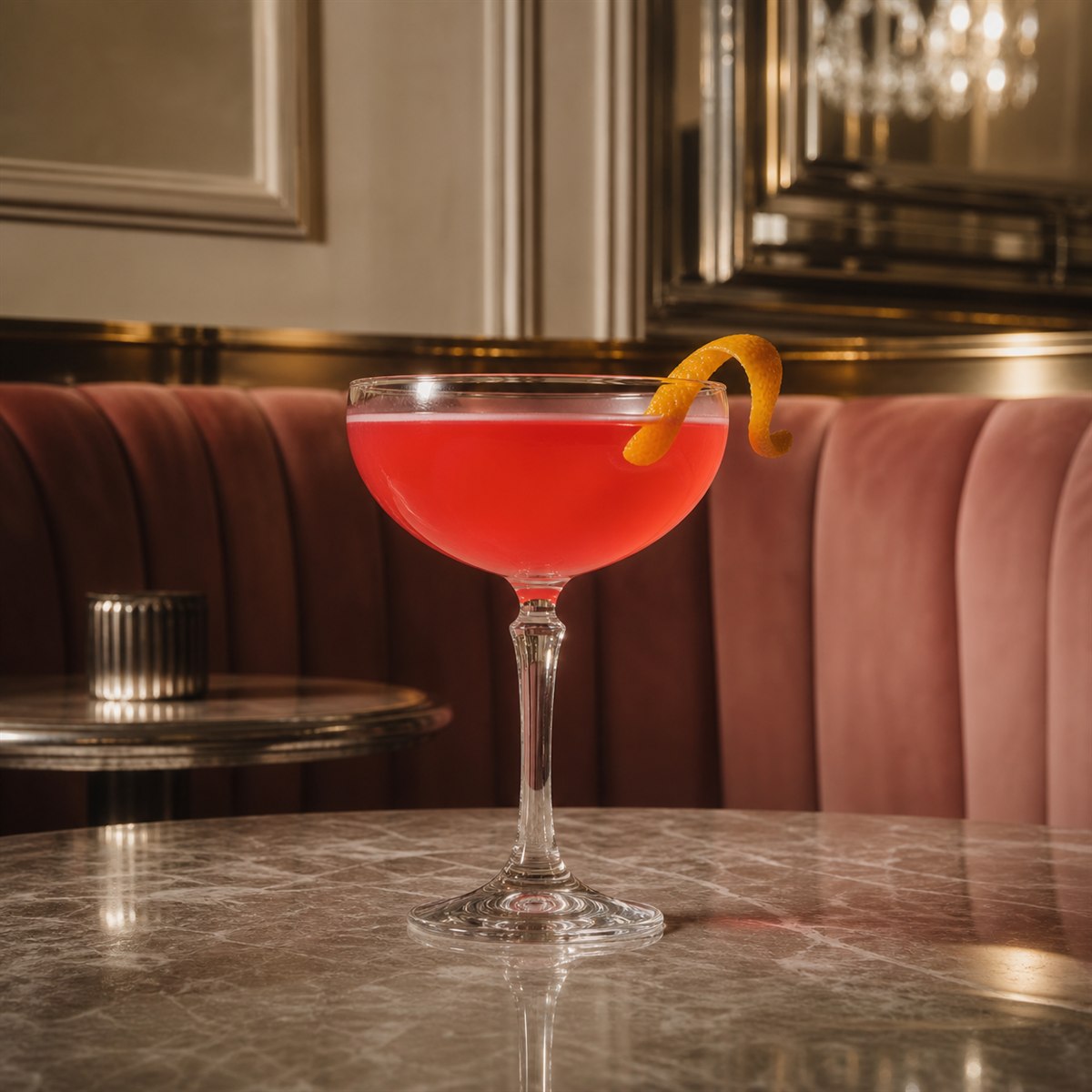 Cosmopolitan cocktail served in a chilled coupe with lime wheel or orange twist