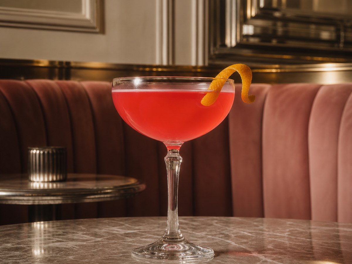 Cosmopolitan cocktail served in a chilled coupe with lime wheel or orange twist