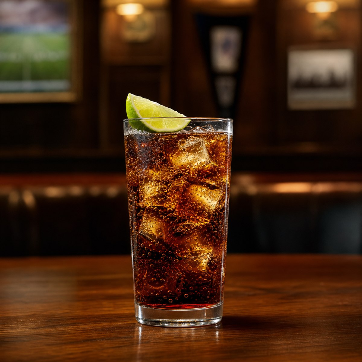 Cuba Libre cocktail served in a highball glass with lime wedge
