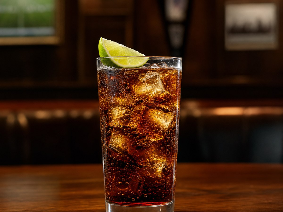 Cuba Libre cocktail served in a highball glass with lime wedge