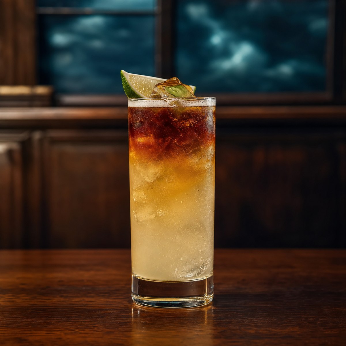 Dark ’n’ Stormy cocktail served in a highball glass with lime wedge