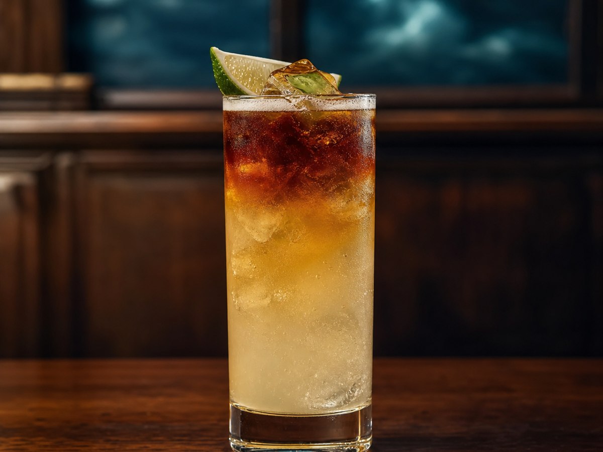 Dark ’n’ Stormy cocktail served in a highball glass with lime wedge