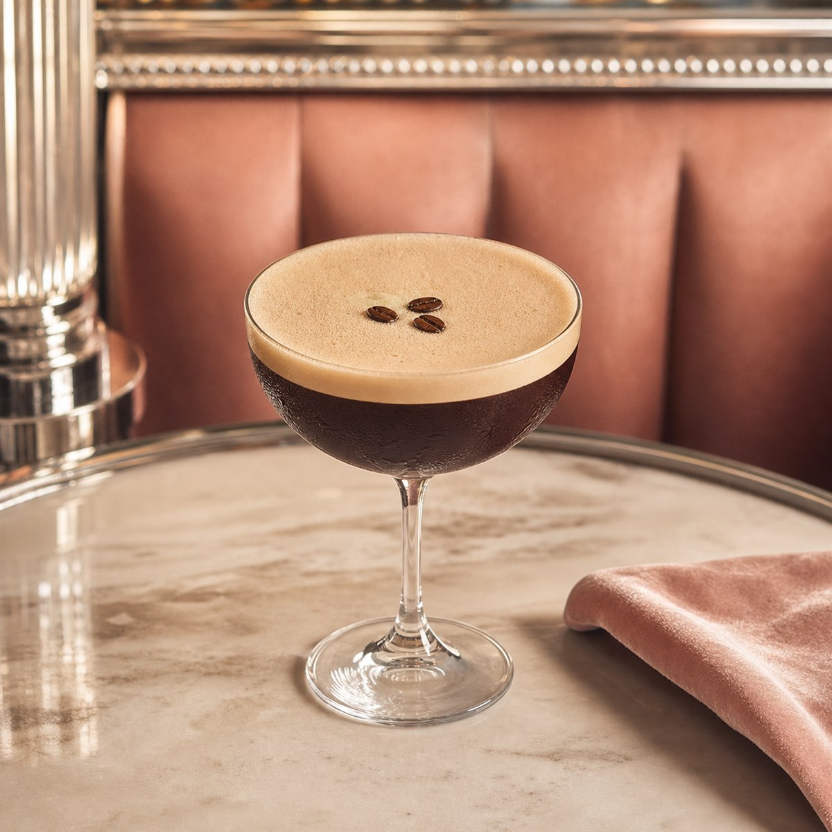 Espresso Martini cocktail served in a chilled coupe with three coffee beans