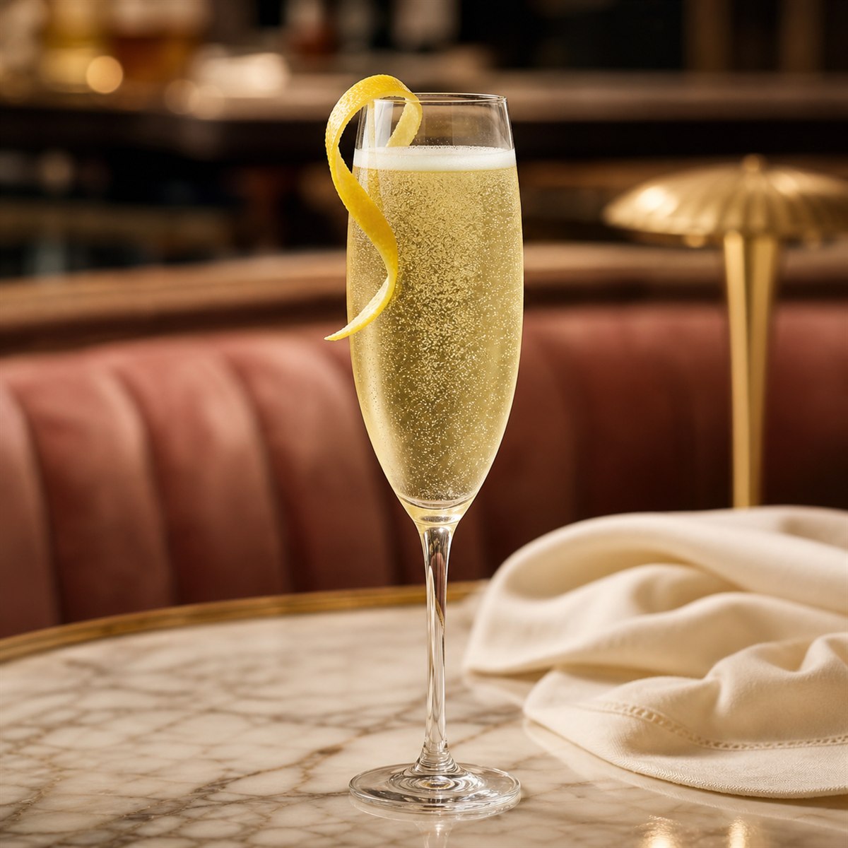 French 75 cocktail served in a champagne flute with lemon twist