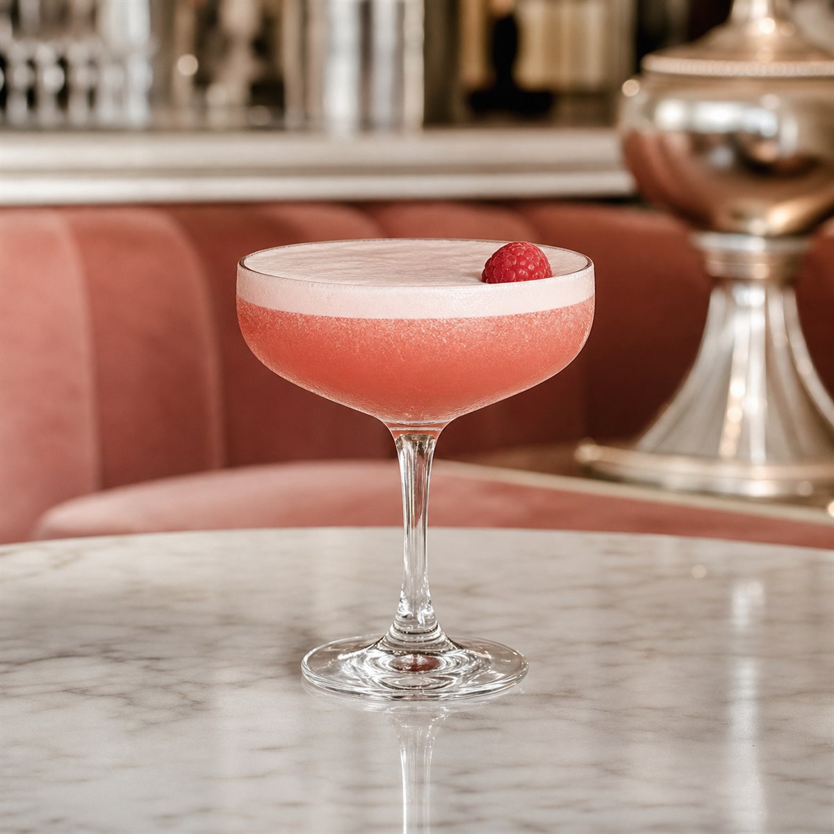 French Martini cocktail served in a chilled coupe with raspberry or lemon twist