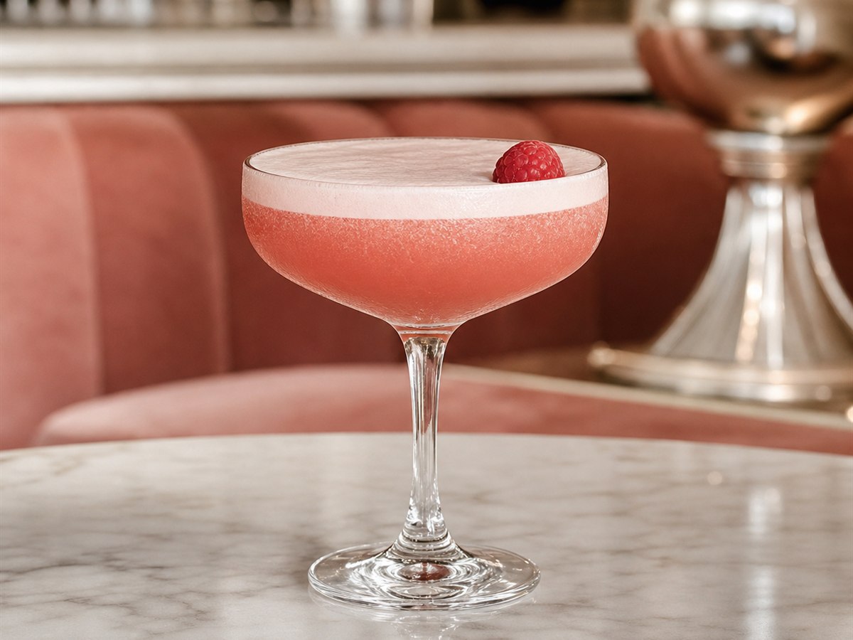 French Martini cocktail served in a chilled coupe with raspberry or lemon twist