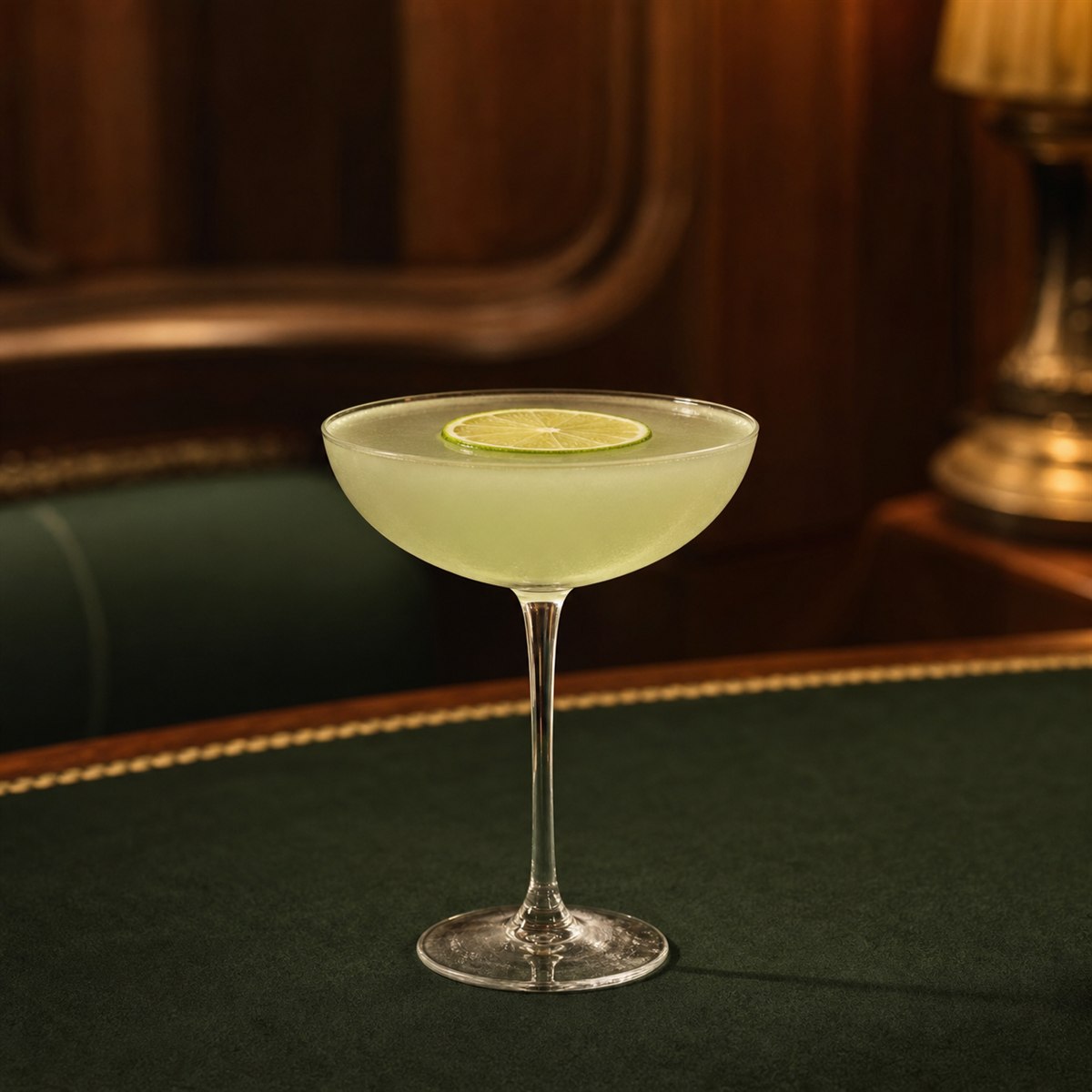 Gimlet cocktail served in a chilled coupe with lime wheel