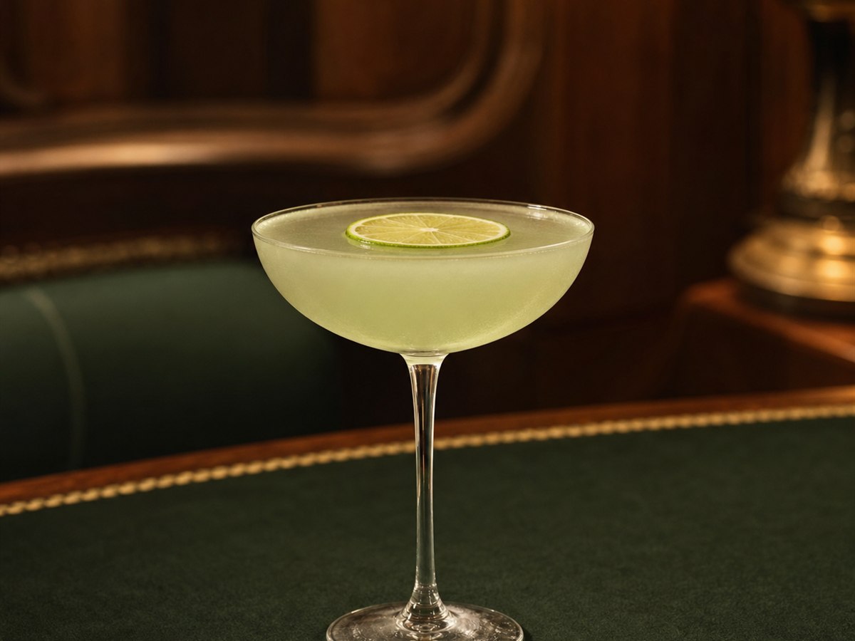 Gimlet cocktail served in a chilled coupe with lime wheel