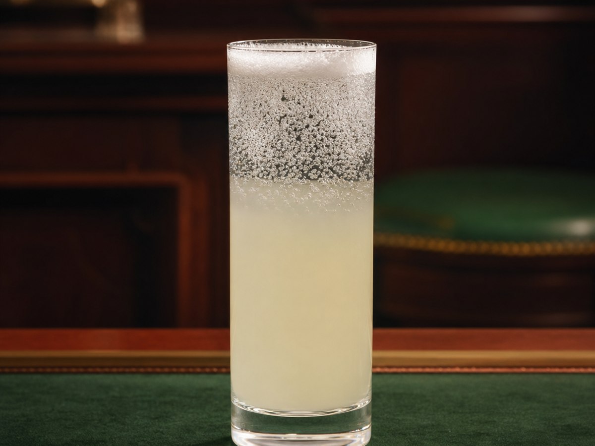 Gin Fizz cocktail served in a highball glass with none