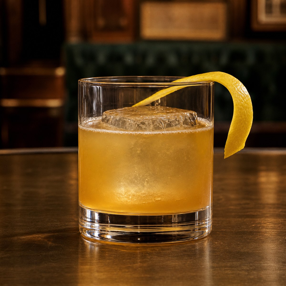 Gold Rush cocktail served in a rocks glass with lemon twist