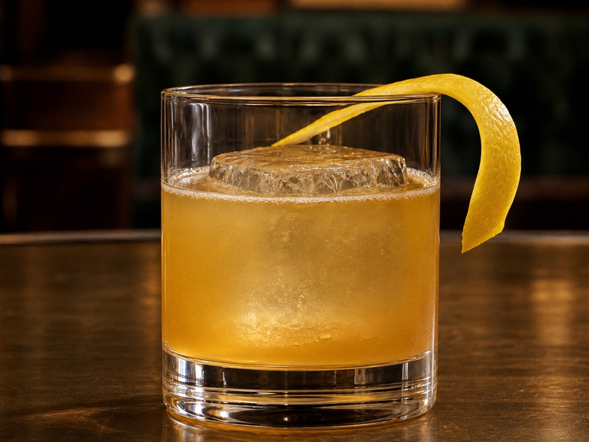 Gold Rush cocktail served in a rocks glass with lemon twist
