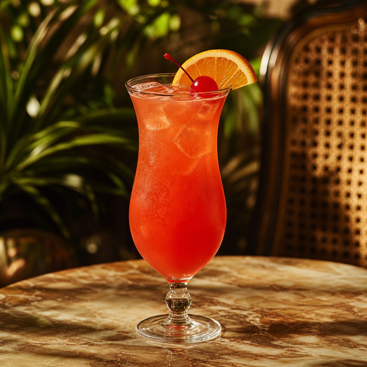 Hurricane cocktail served in a hurricane glass with orange slice and cherry