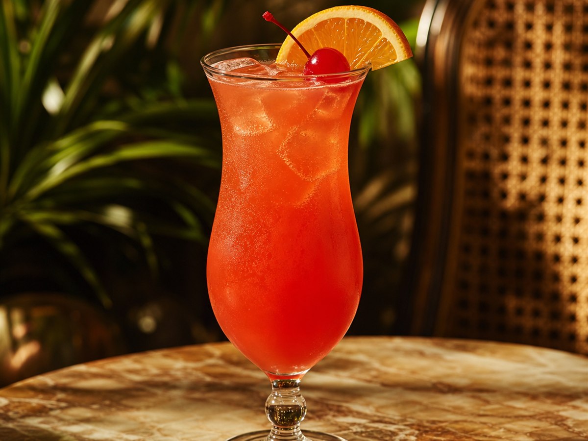 Hurricane cocktail served in a hurricane glass with orange slice and cherry