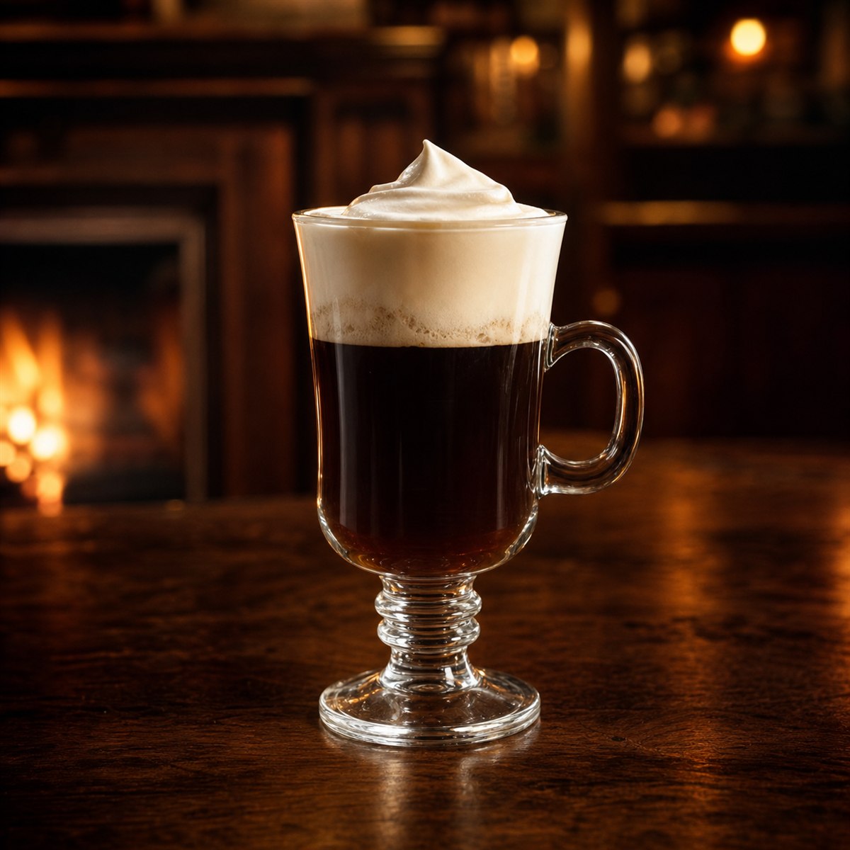 Irish Coffee cocktail served in a heatproof irish coffee glass with lightly whipped cream