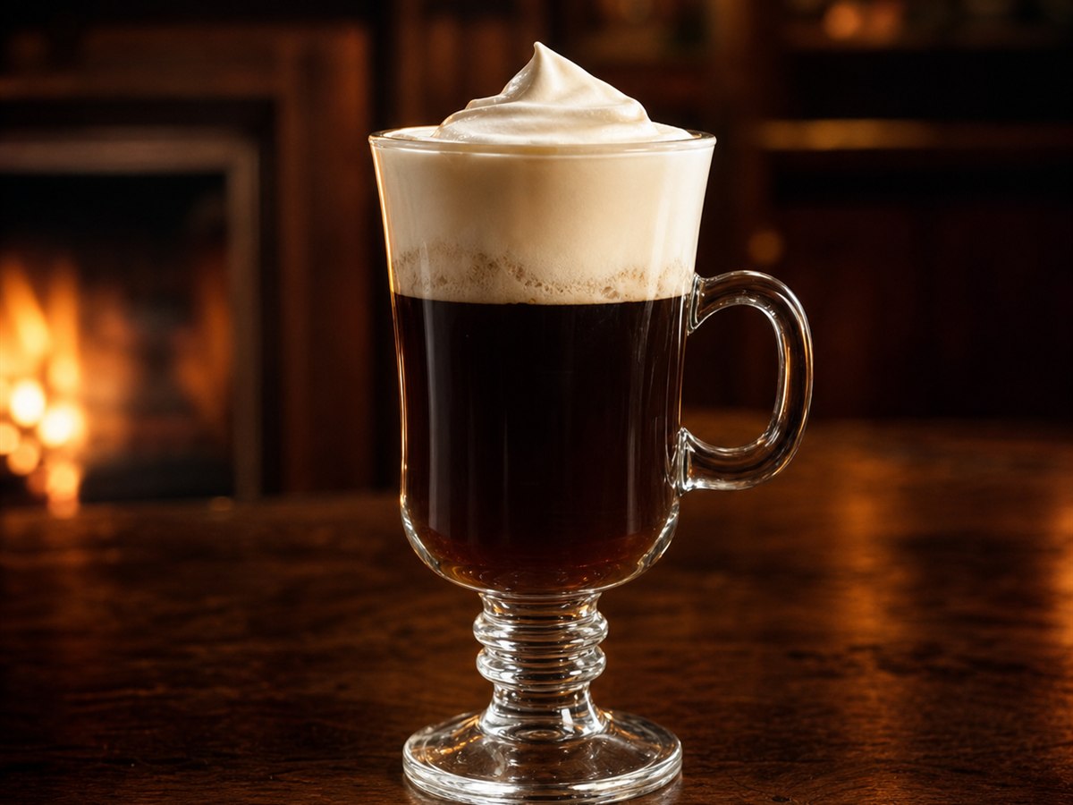 Irish Coffee cocktail served in a heatproof irish coffee glass with lightly whipped cream