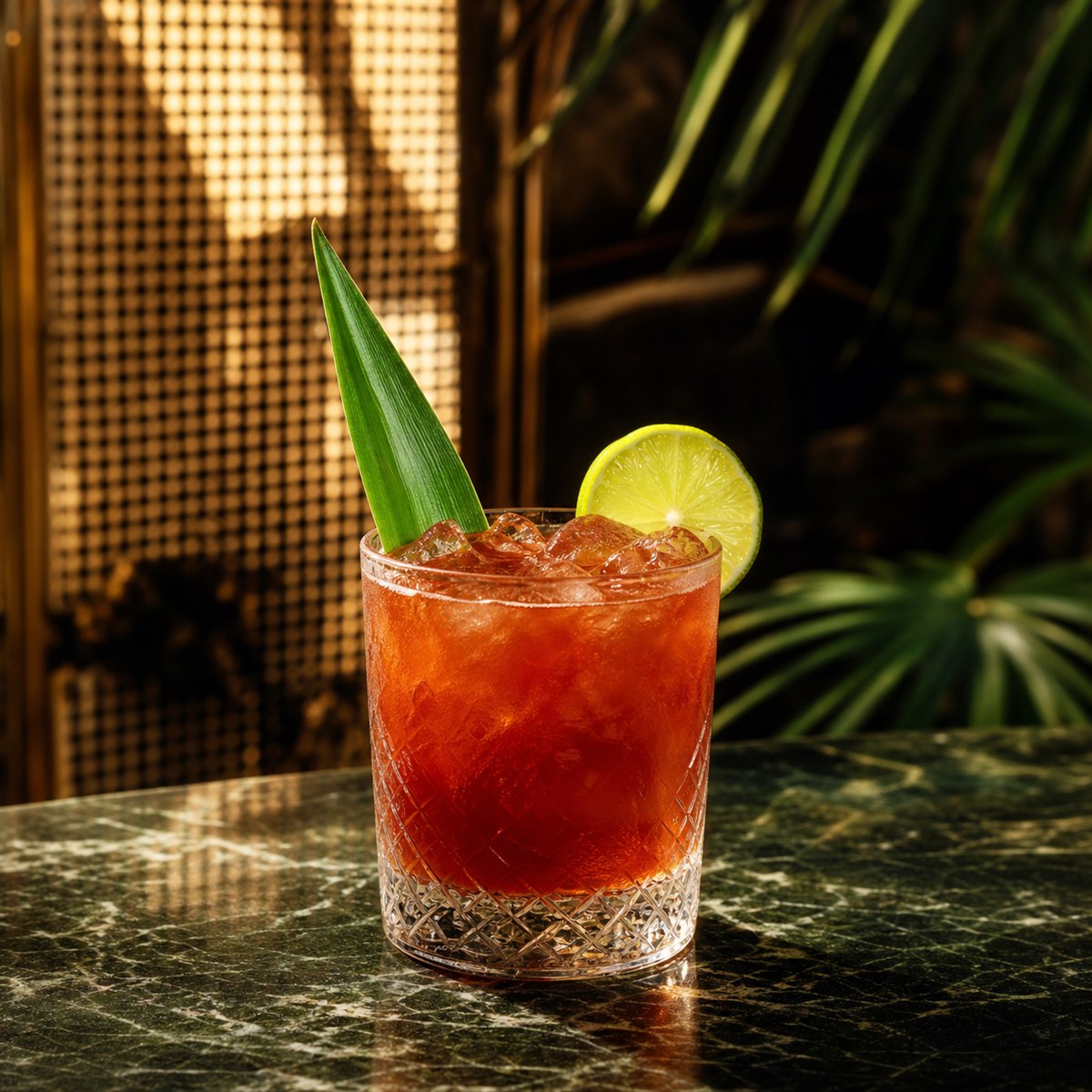 Jungle Bird cocktail served in a rocks glass with pineapple leaf or lime