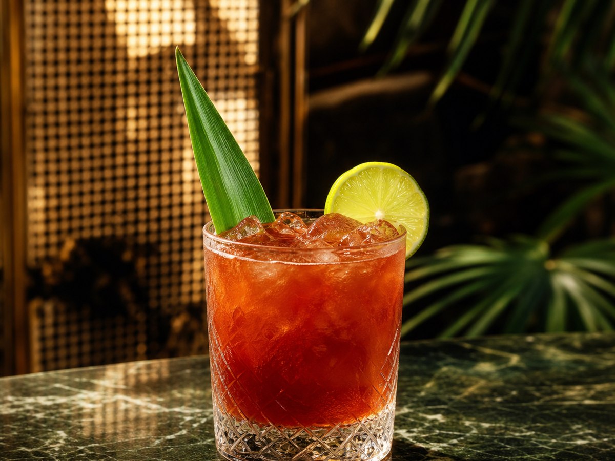 Jungle Bird cocktail served in a rocks glass with pineapple leaf or lime