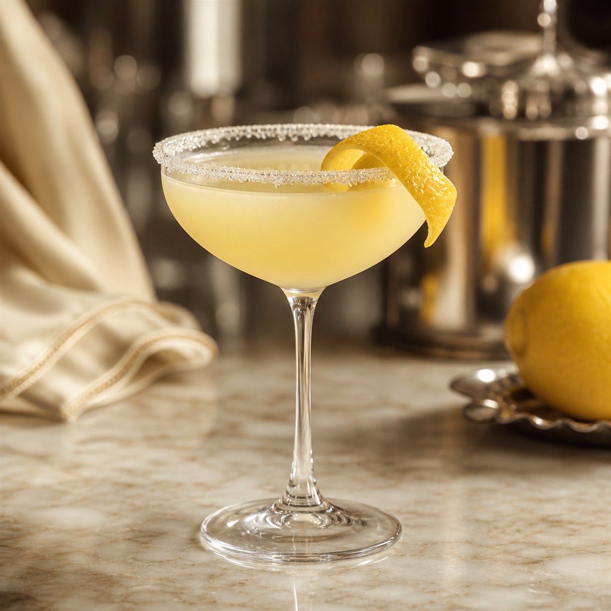 Lemon Drop cocktail served in a sugar-rimmed coupe with lemon twist and sugar rim