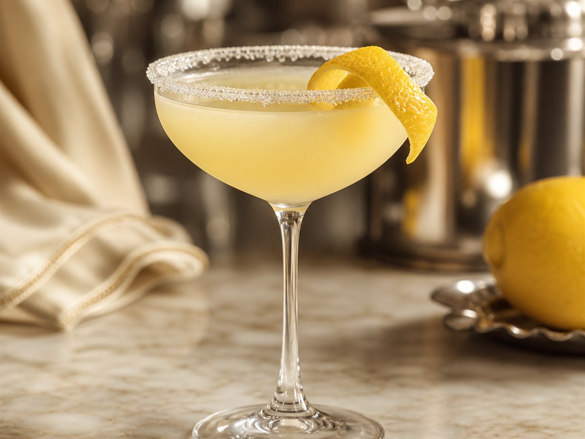 Lemon Drop cocktail served in a sugar-rimmed coupe with lemon twist and sugar rim