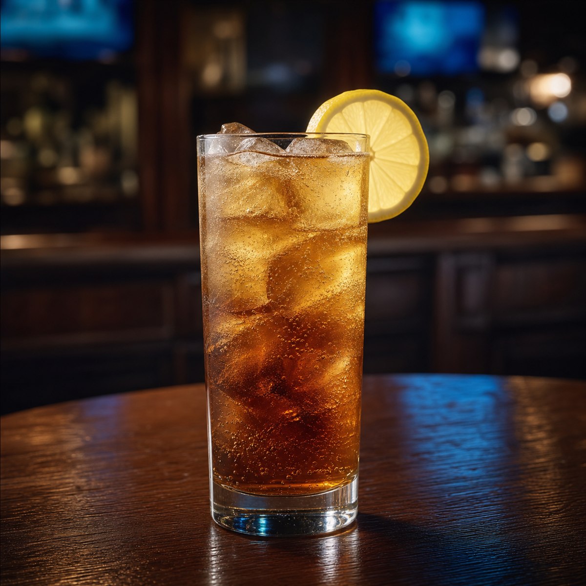 Long Island Iced Tea cocktail served in a tall glass with lemon wheel