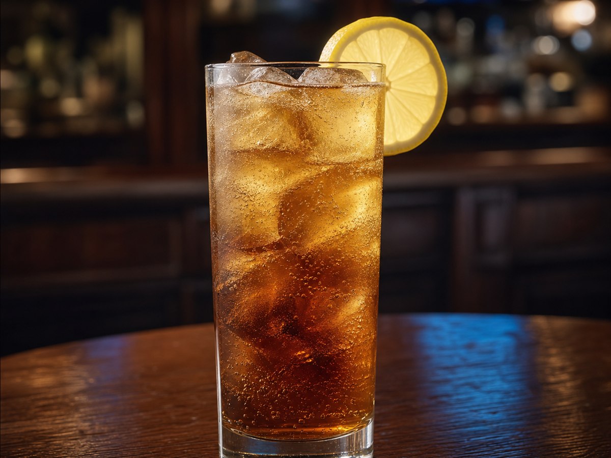 Long Island Iced Tea cocktail served in a tall glass with lemon wheel