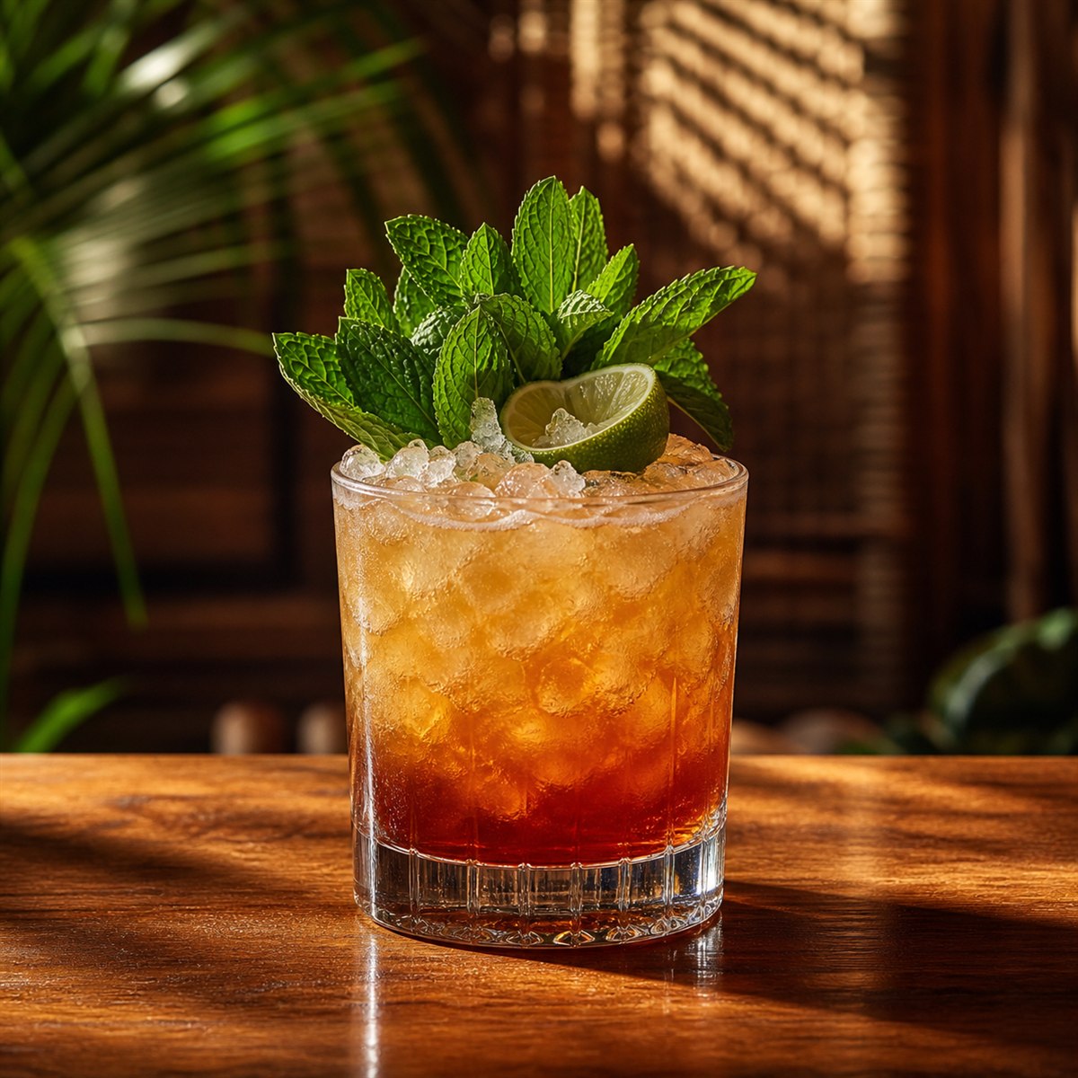 Mai Tai cocktail served in a rocks glass with mint bouquet and spent lime shell