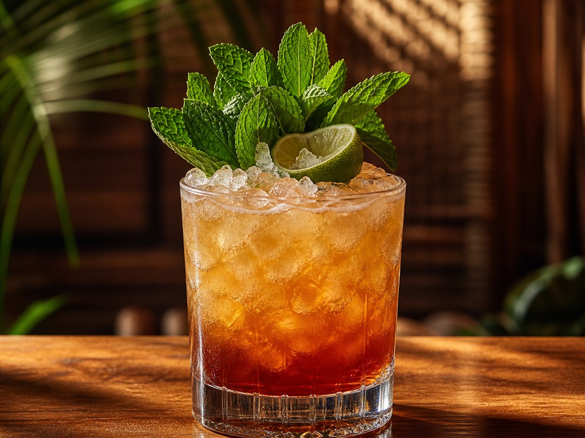 Mai Tai cocktail served in a rocks glass with mint bouquet and spent lime shell