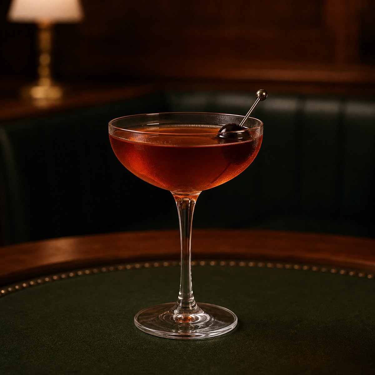 Manhattan cocktail served in a chilled coupe with cocktail cherry