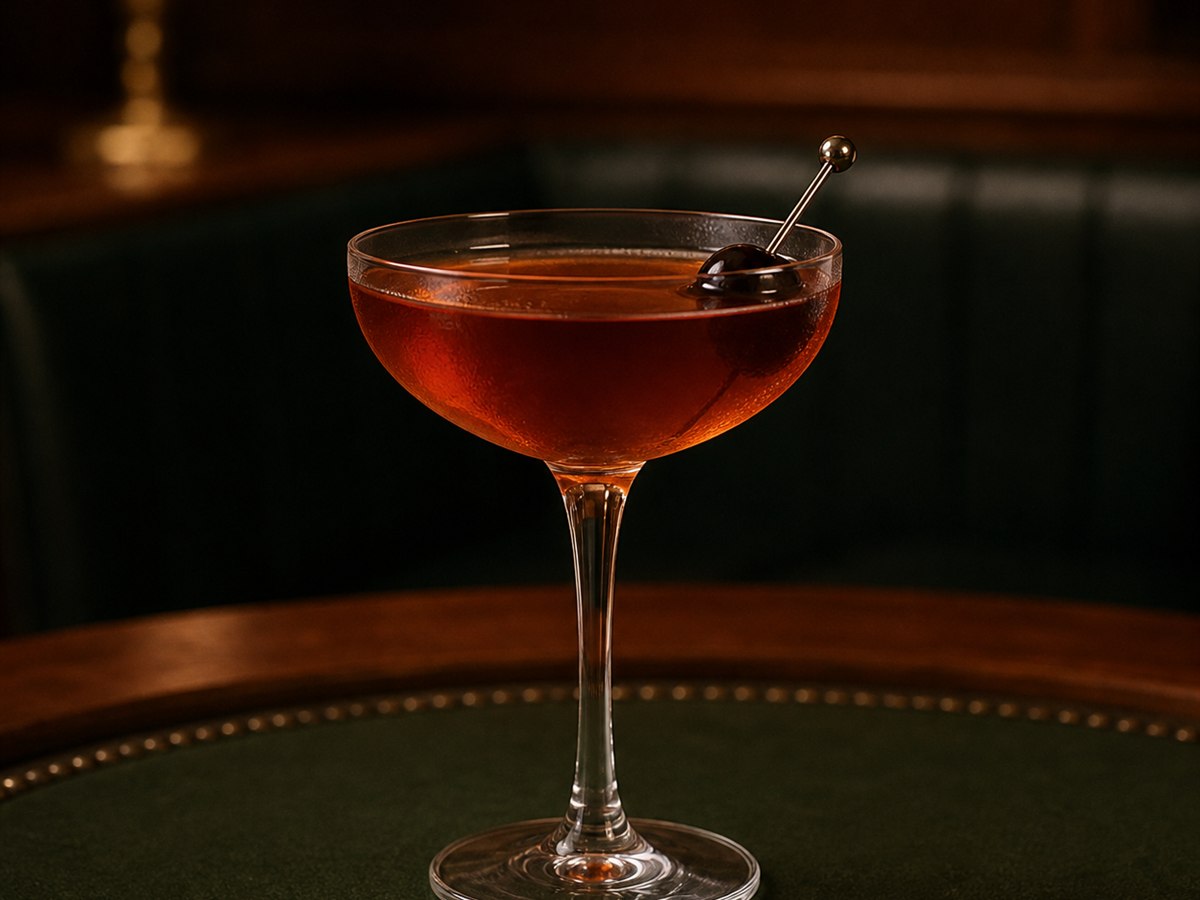 Manhattan cocktail served in a chilled coupe with cocktail cherry